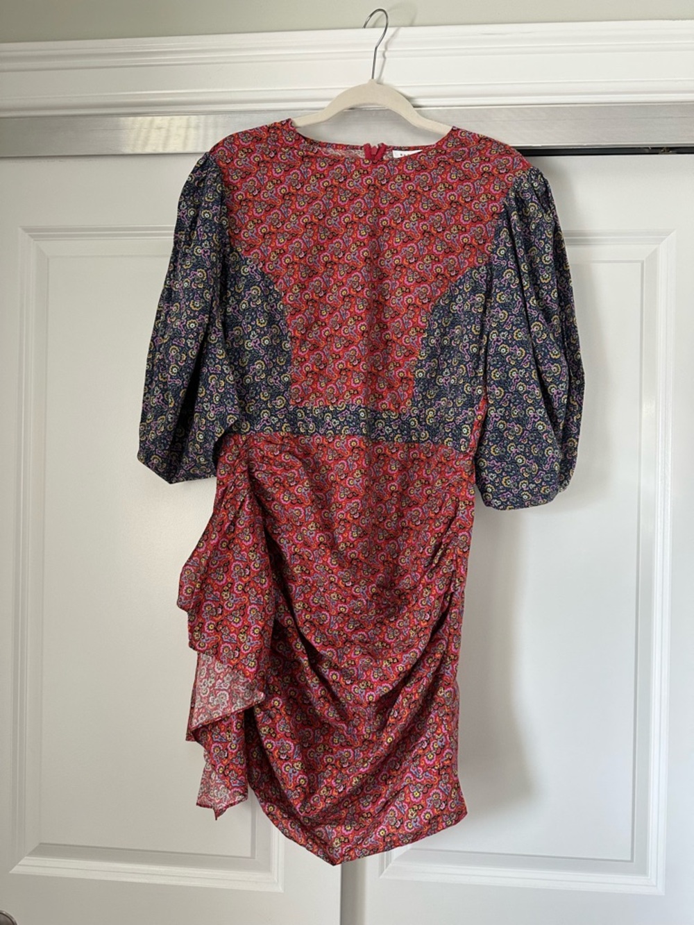 RHODE PIA Red and Navy Mixed-Print Puff Sleeve Mini Dress